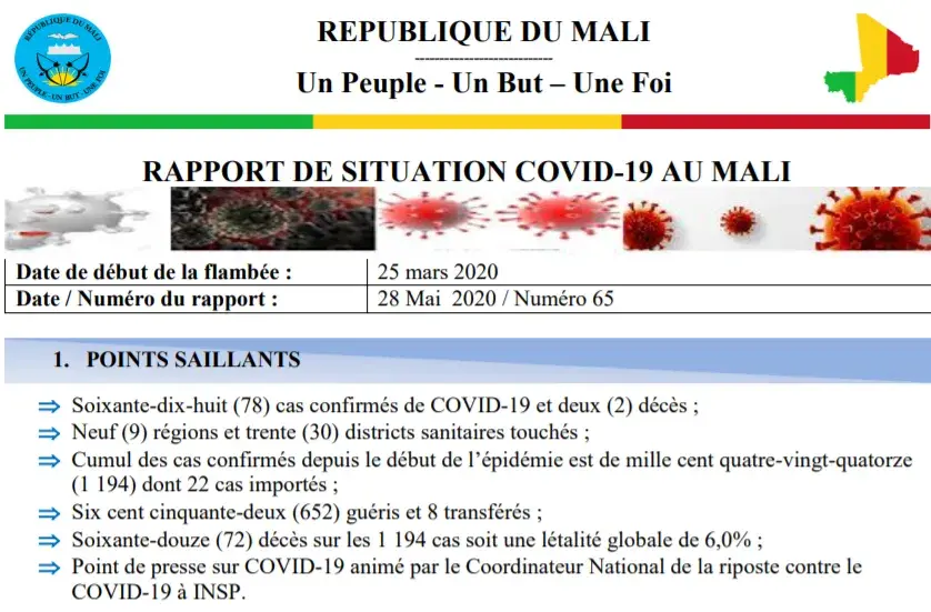 Mali Sitrep Covid-19 N° 65 avec la contribution de UNFPA