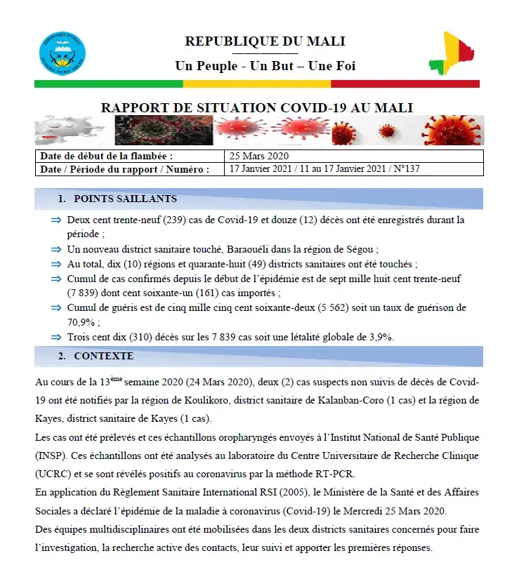 COVID19, MALI SITREP DU 11 AU 17 JANVIER 2021